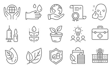 Set of Healthcare icons, such as Bio shopping, Hospital building. Diploma, ideas, save planet. Organic product, Organic tested, Medical vaccination. Rubber gloves, First aid, Leaf. Vector
