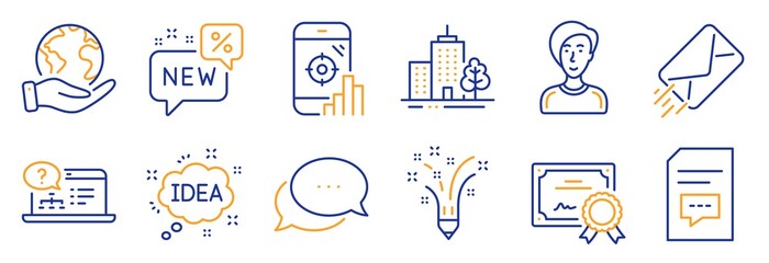 Set of Business icons, such as Businesswoman person, Dots message. Certificate, save planet. Seo phone, New, Idea. Comments, E-mail, Online help. Inspiration, Skyscraper buildings line icons. Vector