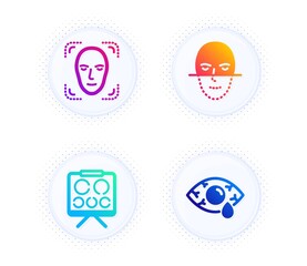 Face recognition, Vision board and Face detection icons simple set. Button with halftone dots. Ð¡onjunctivitis eye sign. Faces biometrics, Eye check. Gradient flat face recognition icon. Vector