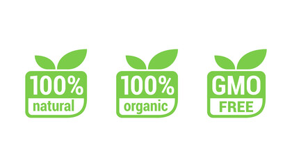 100 natural, 100 organic, GMO free - tag for healthy food, vegetarian nutrition in modern leaf shape - vector sticker set