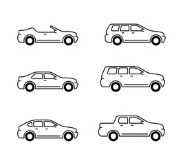 Vector cars set - outline monochrome automobiles with different car body - sedan, offroad, roadster, pickup, universal, hatchback - icons collection