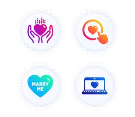 Hold heart, Like button and Marry me icons simple set. Button with halftone dots. Web love sign. Care love, Wedding, Social network. Love set. Gradient flat hold heart icon. Vector