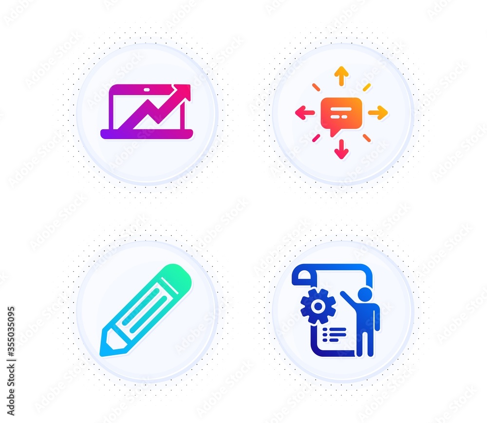 Aufkleber pencil, sales diagram and sms icons simple set. button with halftone dots. settings blueprint sign. 