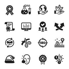 Set of Business icons, such as Return parcel, Seo. Certificate, approved group, save planet. Healthy face, Roller coaster, Scissors. Time management, Reject medal, Intersection arrows. Vector