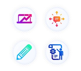 Pencil, Sales diagram and Sms icons simple set. Button with halftone dots. Settings blueprint sign. Edit data, Sale growth chart, Conversation. Engineering cogwheel. Business set. Vector