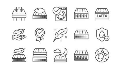 Mattress line icons set. Breathable, Memory foam, latex. Washable pillow, bed tick icons. Light weight, natural material, pocket sprung mattress. Bed mite, antiallergic latex. Linear set. Vector