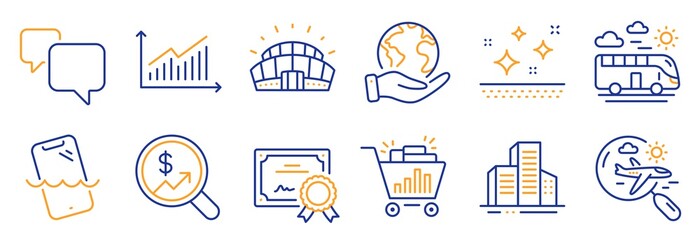 Set of Business icons, such as Clean skin, Search flight. Certificate, save planet. Sports stadium, Bus travel, Smartphone waterproof. Speech bubble, Graph, Buildings. Vector
