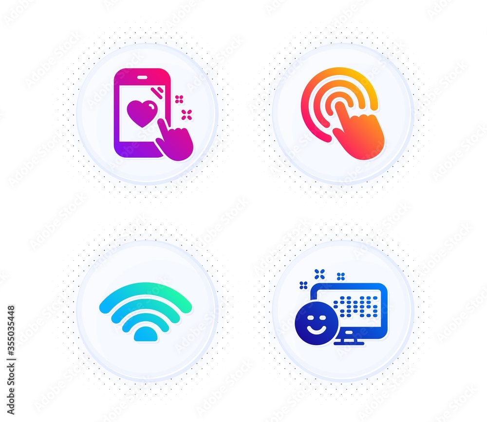 Aufkleber wifi, click and heart rating icons simple set. button with halftone dots. smile sign. wi-fi internet