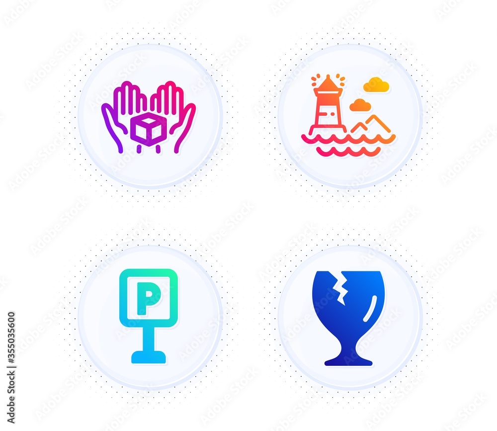 Poster parking, hold box and lighthouse icons simple set. button with halftone dots. fragile package sign. 