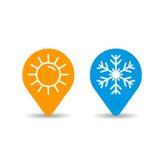 Change of weather icon - climate control pins - hot and cold season with sun and snowflake outline shape