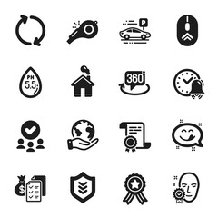 Set of Business icons, such as Swipe up, Yummy smile. Certificate, approved group, save planet. Refresh, Whistle, 360 degree. Home, Accounting wealth, Face verified. Vector
