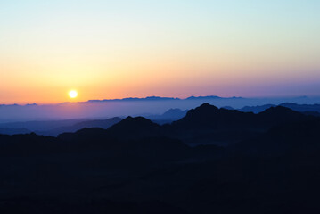 Sunset in the mountains. 
Landscape with sunrise. Colorful gradient. 