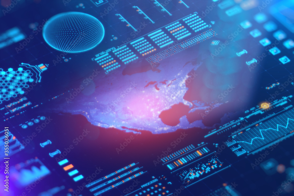 Poster usa map on digital lcd display with reflection. medical and scientific concept. 3d rendering.