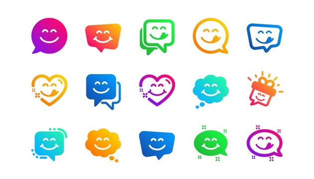 Emoticon speech bubble, social media message, smile with tongue. Yummy smile icons. Tasty food eating emoji face icons. Delicious yummy, happy emoticon. Classic set. Gradient patterns. Vector
