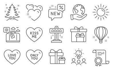 Set of Holidays icons, such as Attraction, Christmas tree. Diploma, ideas, save planet. Travel luggage, Surprise package, New. Heart, Love you, Sun. Only you, Delivery boxes, Air balloon. Vector