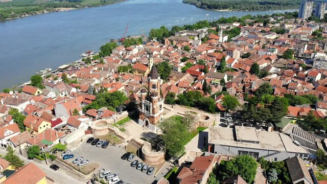 Gardos tower and old town Zemun, Belgrade, Serbia. Drone video.