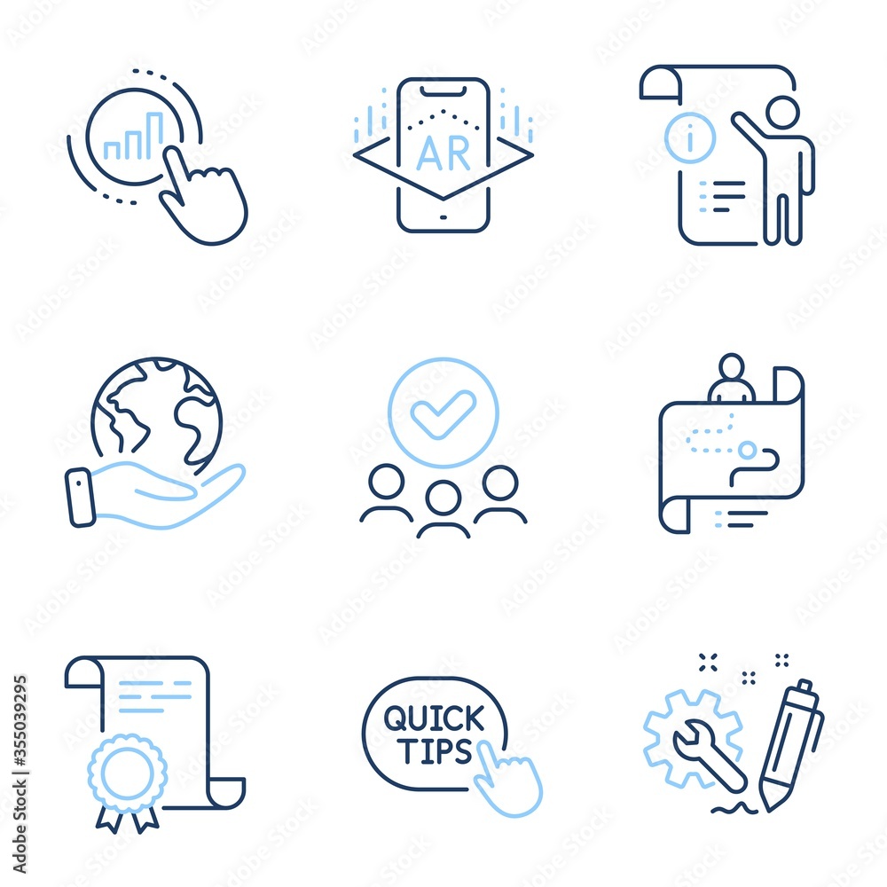 Poster engineering, journey path and manual doc line icons set. diploma certificate, save planet, group of 