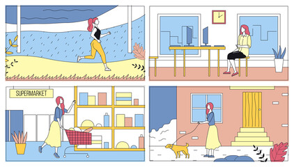 Concept Of Everyday Leisure Of Young Woman. Bundle Of Daily Life Scenes. Girl Is Jogging, Shopping In Supermarket, Walking With Dog And Working In Office. Cartoon Flat Style Vector Illustrations Set