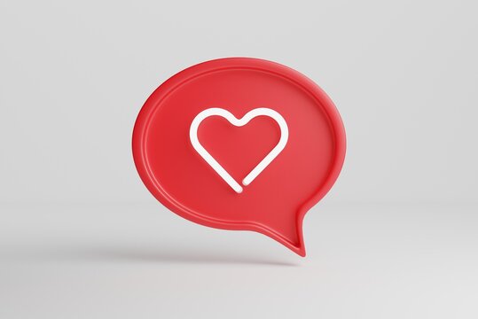 3D render talk ballon with a heart neon sign. Icon made with neon over a red tray 