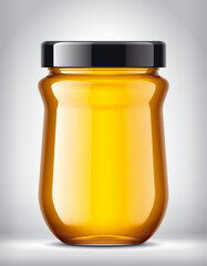 Glass Jar with Honey on Background. 