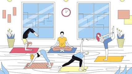 Concept Of Yoga School, Healthcare And Active Sport. Group Of People Do Yoga In Gym. Characters Are Taking Yoga Classes And Leading Healthy Lifestyle. Cartoon Linear Outline Flat Vector Illustration