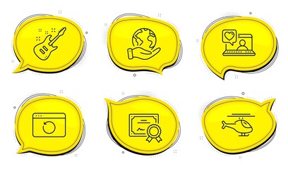 Friends chat sign. Diploma certificate, save planet chat bubbles. Recovery internet, Electric guitar and Helicopter line icons set. Backup info, Musical instrument, Copter. Love. Vector