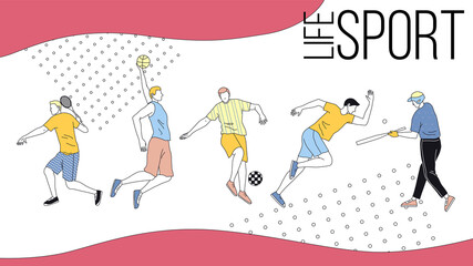 Sport Active Games Concept. Group of People Performing Sports Activities Outdoors, Playing Ball Games Like Basketball Football, Golf,Tennis And Running Sprint. Linear Outline Flat Vector Illustration