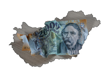 Map of Hungary. crumpled 20000 forint hungarian money
