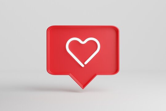 Neon heart symbol. Red pin chat box isolated over a white background. 3d render Neon sings.