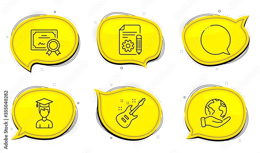 Poster student sign. diploma certificate, save planet chat bubbles. documentation, speech bubble and electr