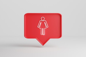 Neon female symbol. Red pin chat box isolated over a white background. 3d render Neon sings.