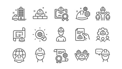 Engineering line icons set. Teamwork, Technical documentation and Peopl. Blueprint with gear, engineer and construction helmet set icons. Technician, industrial people, engineering process. Vector