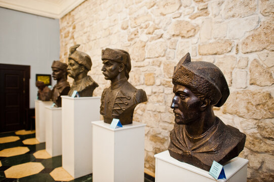 Zbarazh, Ukraine - July 24, 2018: Busts of famous historical ukrainian persons, cossacks in the museum.