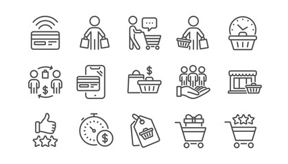 Buyer customer line icons set. Shopping cart , contactless payment and group of people. Store, buyer loyalty card, client ranking set icons. Shopping timer, phone payment, currency. Linear set. Vector