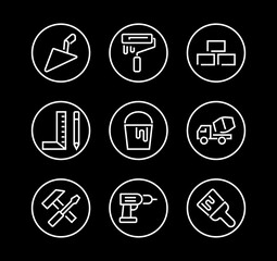 Set of construction icons, simple vector lines, contains the following icons: builder, roller, hammer with wrench, toilet bowl and much more. Editable stroke. 48x48 pixels perfect, white background