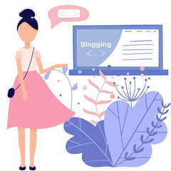 Blogger girl, freelancer woman. Video channel website, new content technology. Blogging miniature vector illustration.