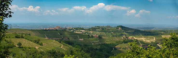 Fototapeta na wymiar Mango town, langhe region, piedmont, Italy. Panoramic wide view over langhe vineyards