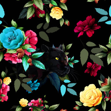 Seamless pattern of black panther with flowers and leaf around. Abstract artwork for textile, fabric and other using. Hand drawn illustration. vector - stock.