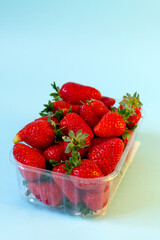 Strawberry. Fresh harvest of organic berries. Blue background.
