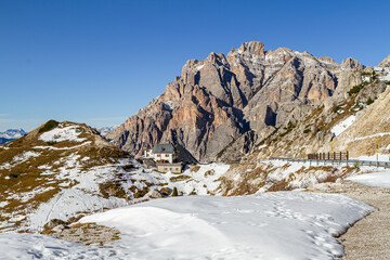 Valparola mountain pass in italian Dolomites