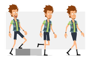 Cartoon flat funny bearded hipster man character in jeans shorts and jerkin. Ready for animation. Successful boy walking to his goal. Isolated on gray background. Vector icon set.