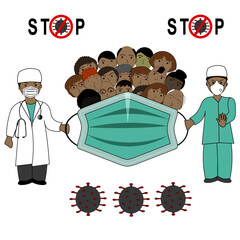 Doctor and nurse protect people from coronavirus. Large medical face mask in the foreground.