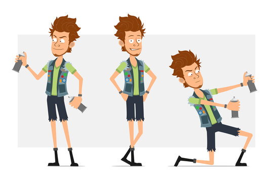 Cartoon flat funny bearded hipster man character in jeans shorts and jerkin. Ready for animation. Boy working with spray paint can and posing on photo. Isolated on gray background. Vector icon set.