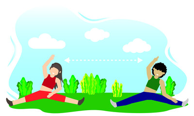 Two young women characters doing sports outdoors. To obey the rules of social distance to prevent the spread of the coronavirus. sport and health concept.