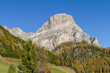 Fototapeta na wymiar Mountain of Sassongher in Dolomites at Val Badia in South Tyrol