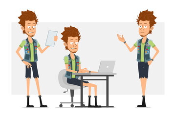 Cartoon flat funny bearded hipster man character in jeans shorts and jerkin. Ready for animation. Boy posing, working on laptop and reading paper note. Isolated on gray background. Vector icon set.