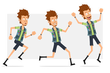 Cartoon flat funny bearded hipster man character in jeans shorts and jerkin. Ready for animation. Boy walking, running and jumping. Isolated on gray background. Vector icon set.