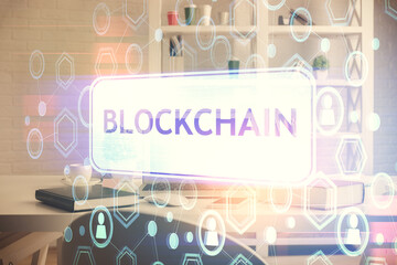 Double exposure of crypto technology theme drawing and office interior background. Concept of...