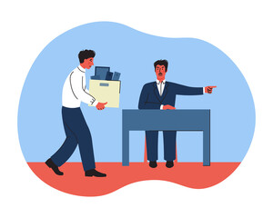 the boss fires the employee. job loss, dismissal. trendy flat vector illustration. the impact of the economic crisis on business. the fired person collects things and leaves the office. 