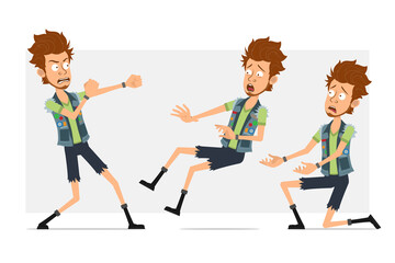 Cartoon flat funny bearded hipster man character in jeans shorts and jerkin. Ready for animation.Boy standing on knee, fighting and falling down. Isolated on gray background. Vector icon set.